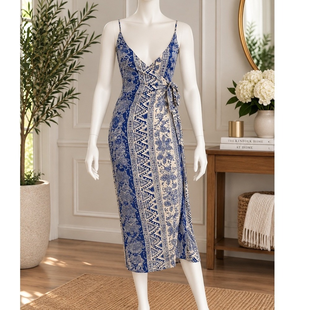 Urban Outfitters Women Midi Dress Blue White Paisley Floral Faux Wrap Small